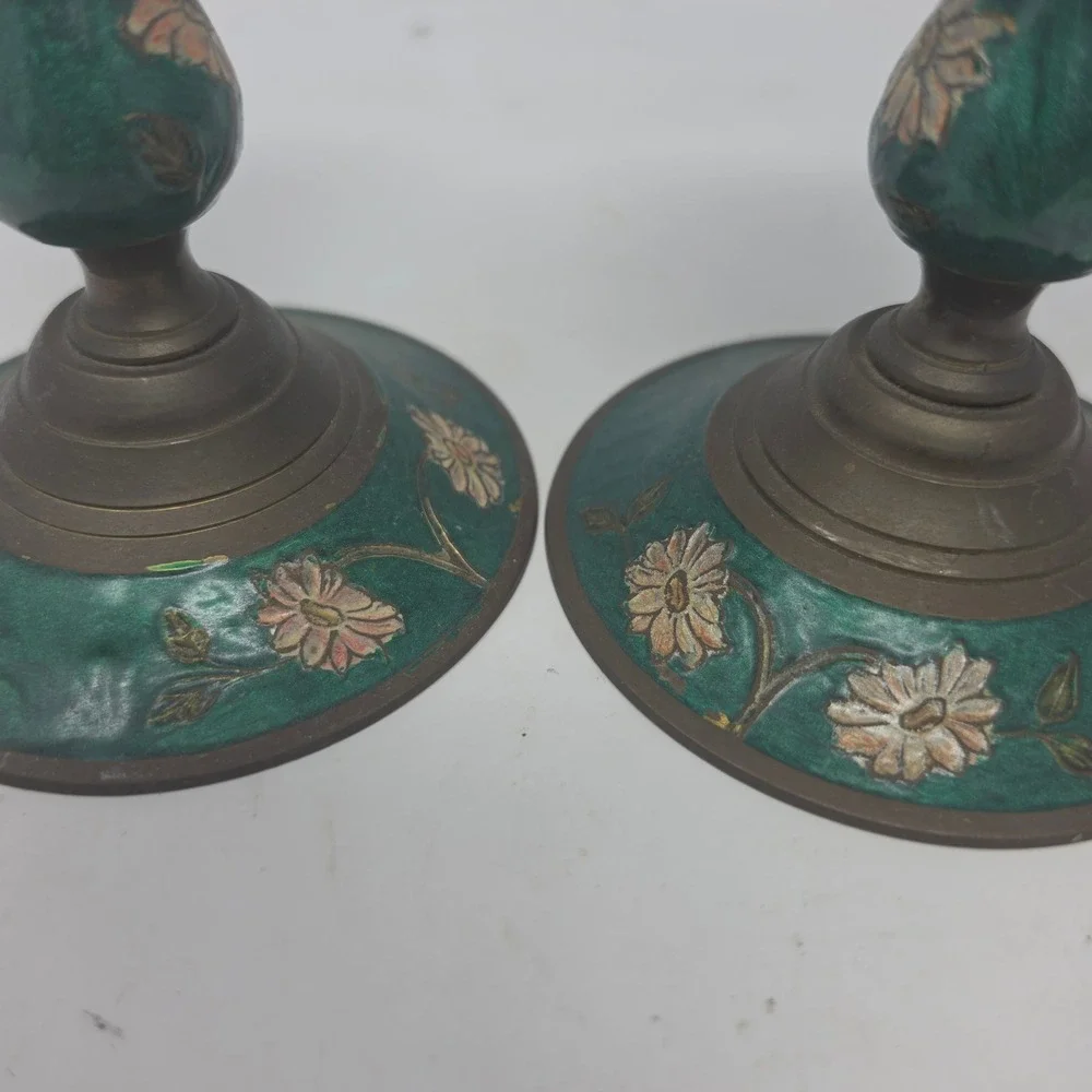Vintage Brass Teal Green Enamel Candlestick Holders Set of 2 Pink Flowers. W